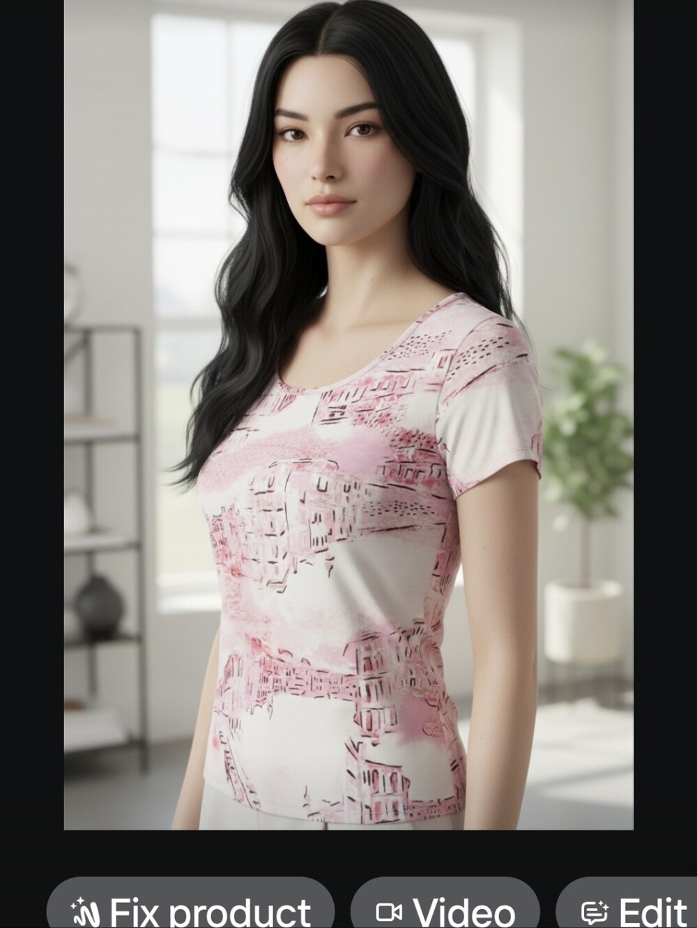 Apostrophe Stretch Venice Scenic Print Nylon Spandex Tee | Pink Cream Black | M